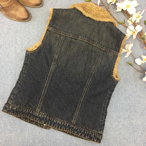 GAP Faux Shearling Lined Denim Vest, XS - Picture 3 of 5